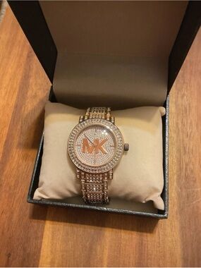 NWOT- Michael Kors Rose Gold Crystal MK Logo Bracelet Watch